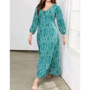 June + Vie Maxi Dress Womens Size 1X Paisley Puff Sleeve Long Shirt Dress Teal